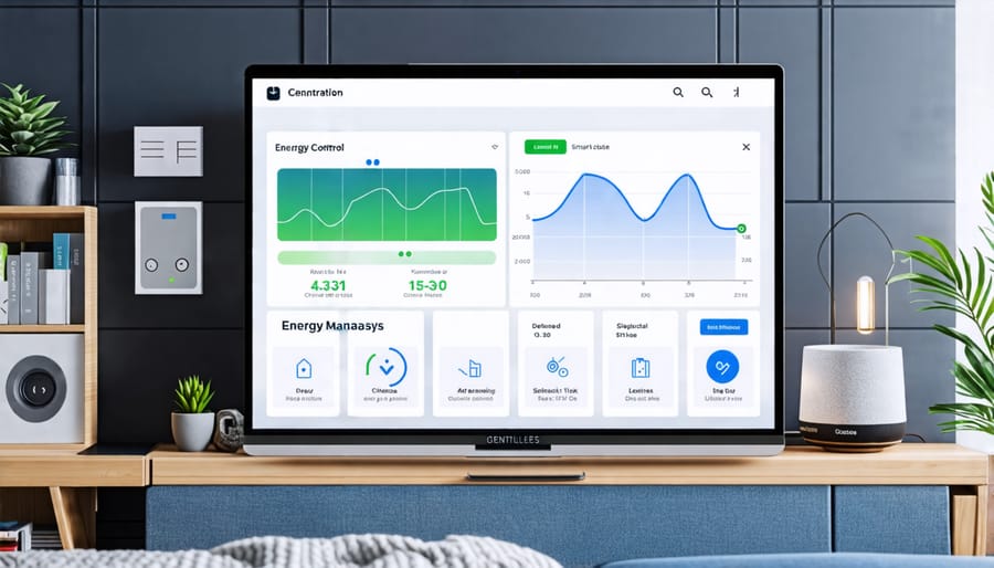 Screenshot of a smart home manager app showing energy consumption statistics and device controls