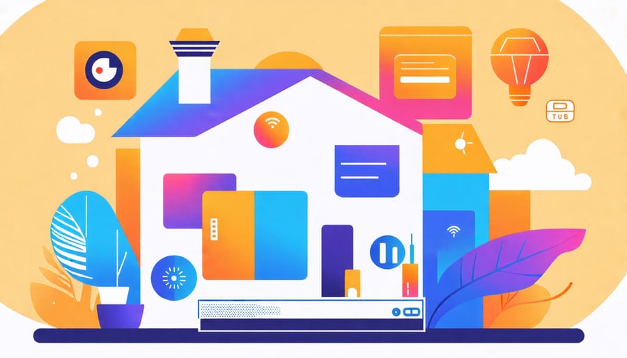 A conceptual diagram showing different components of a smart home system, including a hub, smartphones, and interconnected devices