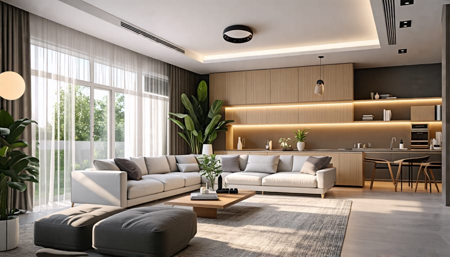 A conceptual illustration of a modern living room equipped with smart home technology, displaying smart lighting, a thermostat, security cameras, and a central smart hub, emphasizing connectivity and automation.