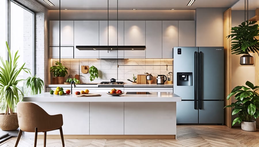 Contemporary kitchen with smart technology such as a smart fridge and a voice assistant device