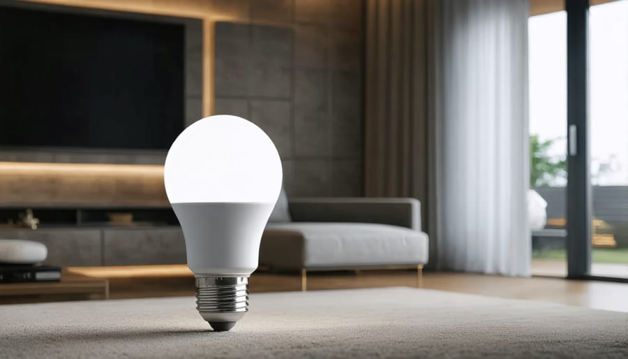 Energy-efficient smart LED bulb lighting up a cozy living room