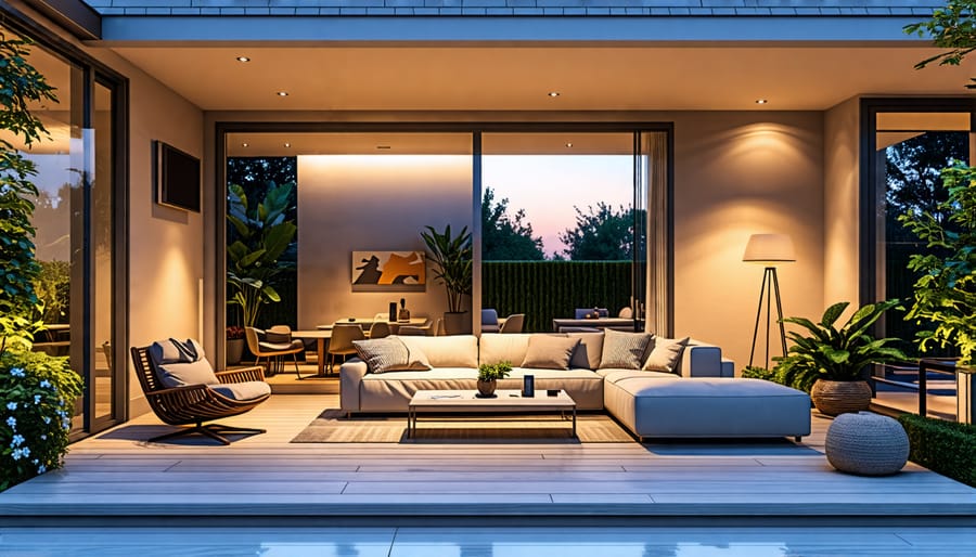 A modern living room equipped with smart lighting features such as a mobile app control interface