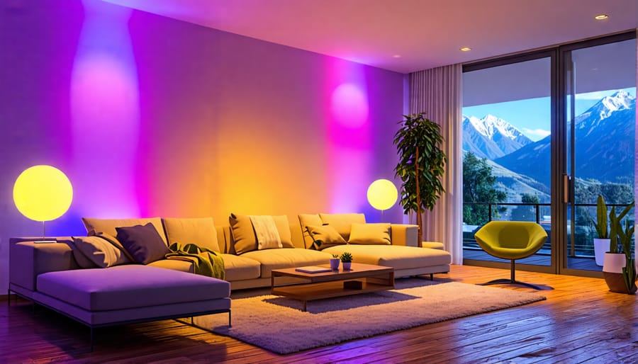 Smart LED lighting system demonstrating color-changing and dimming features in a living room