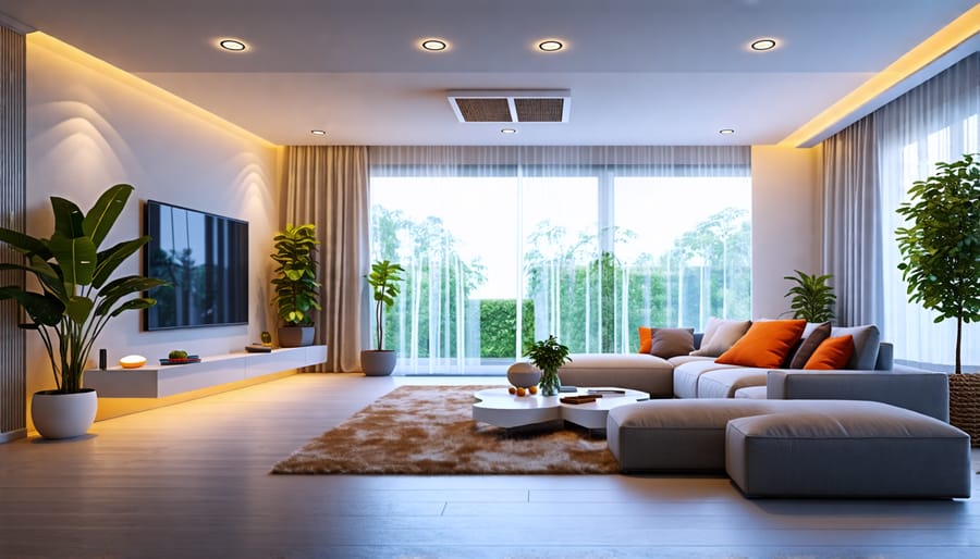 Smart living room featuring automated lighting and climate control technologies