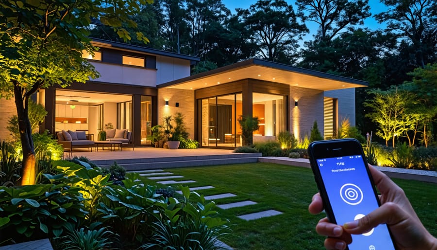 An elegantly lit garden at night, showcasing smart lighting features with a person holding a smartphone to manage lighting.