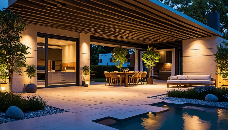 A beautifully lit outdoor area showcasing smart lighting in action at night