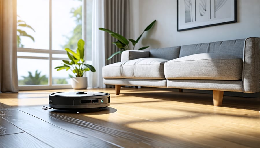 Smart robotic vacuum cleaning a home living room