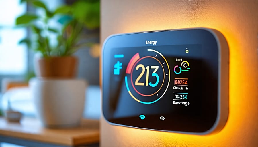 Smart thermostat displaying energy savings information