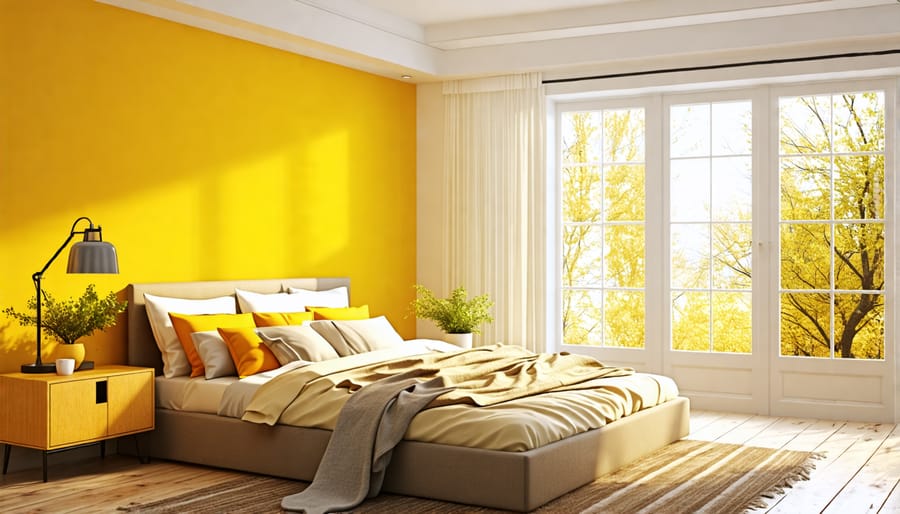 Bright and cheerful north-facing bedroom with soft yellow walls