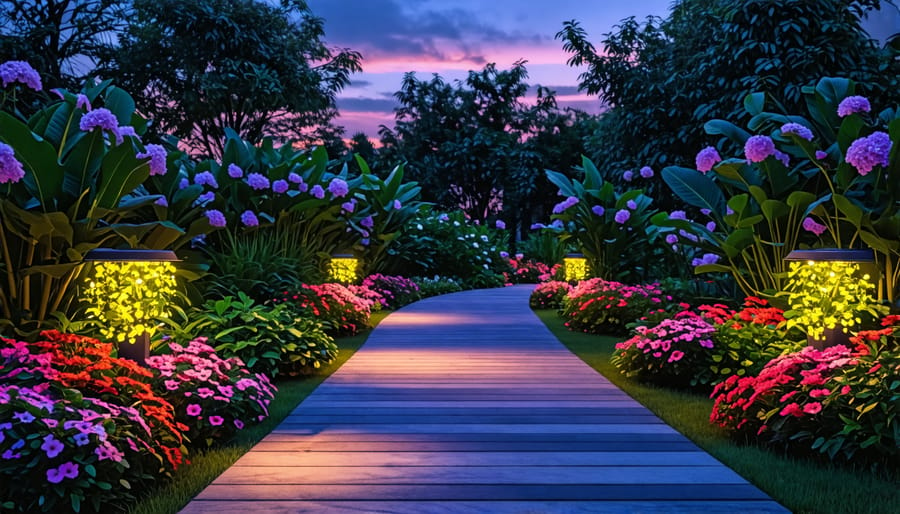 Solar-powered path lights illuminating a garden walkway at twilight