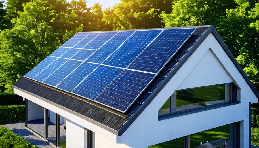 Close-up of solar panels mounted on the roof of a contemporary home