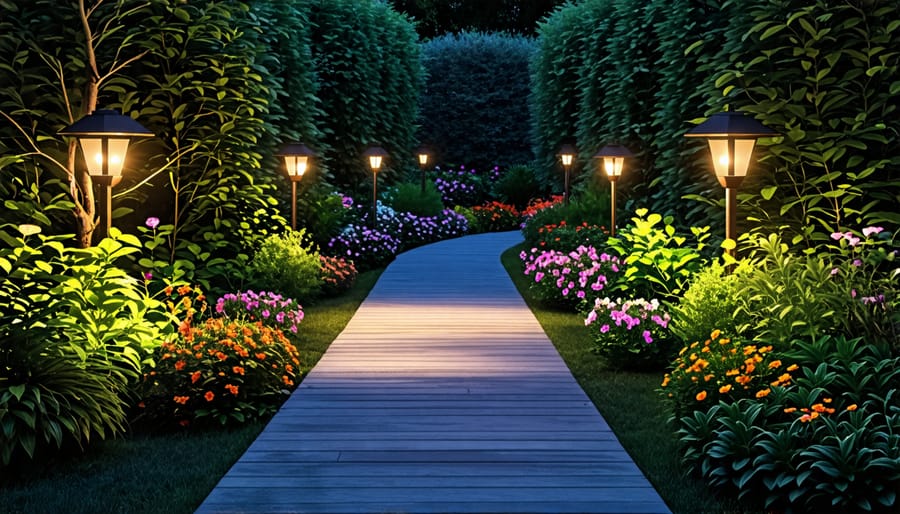 Garden path lit by solar-powered lights during the evening