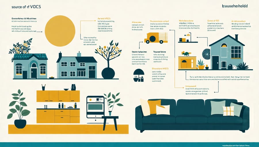 Diagram showing common household sources of VOCs like paints, cleaning products, and furniture