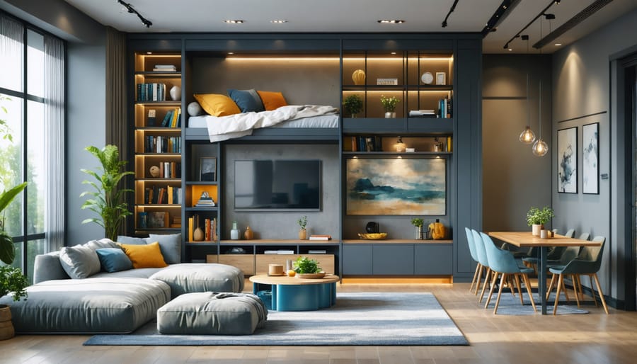 A well-designed modern living room featuring multi-functional furniture like a Murphy bed within a bookshelf, sofa bed, and expandable table, showcasing optimal space-saving techniques.