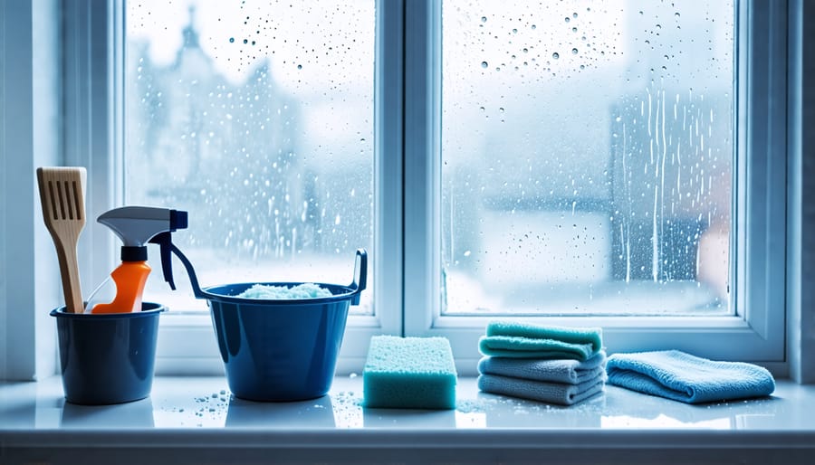 Sparkling clean window with sunlight reflex, squeegee, bucket, microfiber cloths, and sponge on the windowsill.