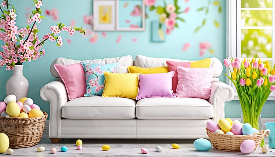 Spring living room decor with pastel colors, floral arrangement, and Easter decorations