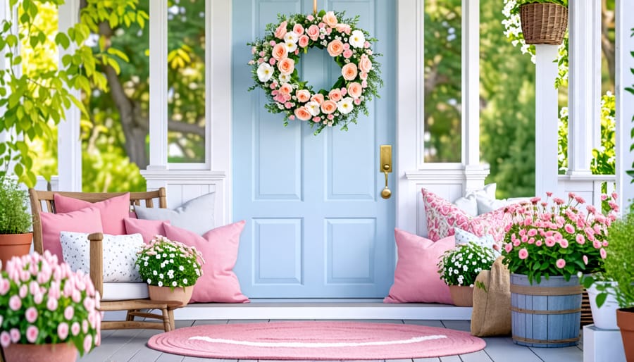 Welcoming spring porch decorated with pastel accents and fresh flowers