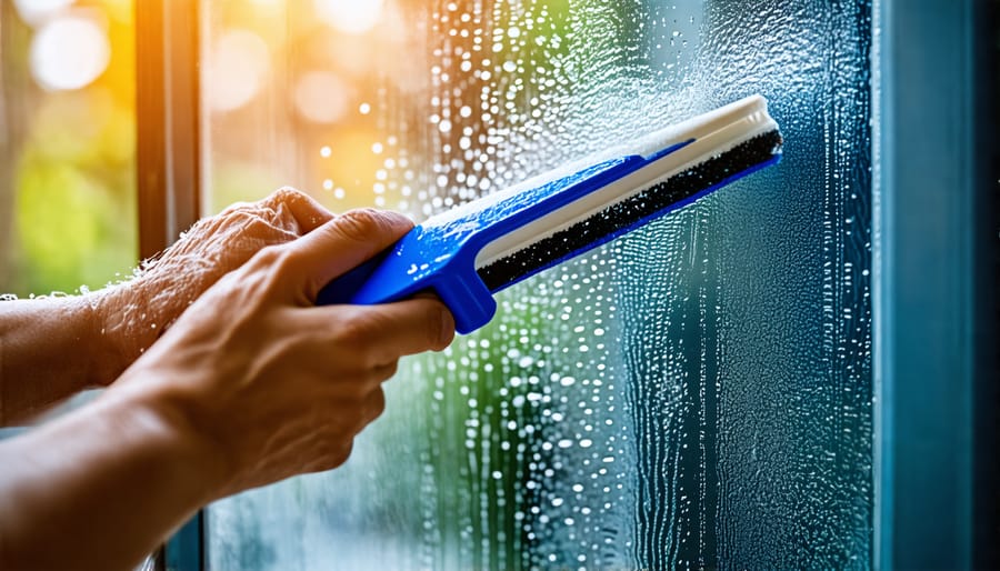 Demonstration of correct squeegee technique for streak-free window cleaning