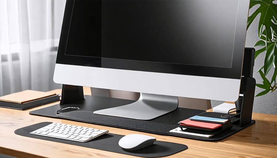 A collection of ergonomic accessories for enhancing a standing desk setup, including a foot mat and monitor riser.