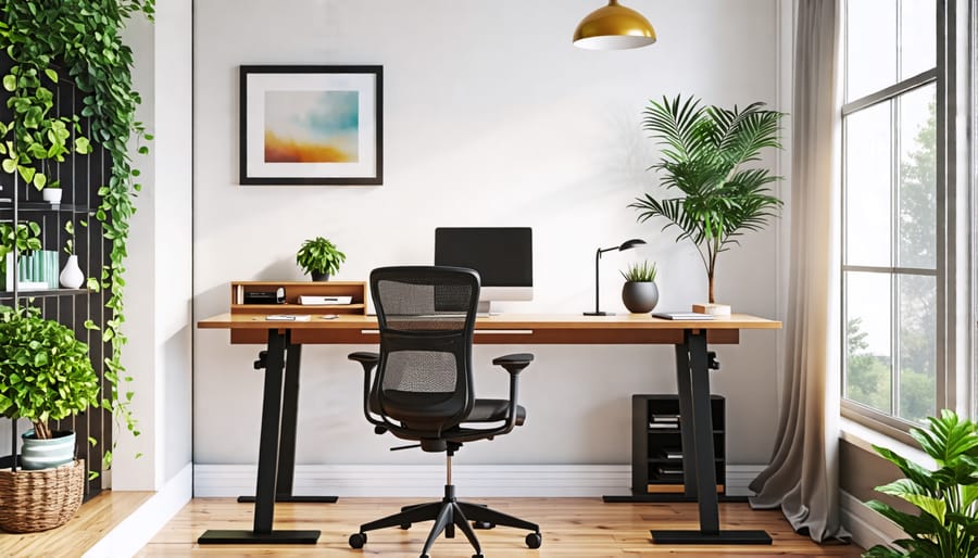 A stylish home office setup featuring a standing desk that complements the room's decor.