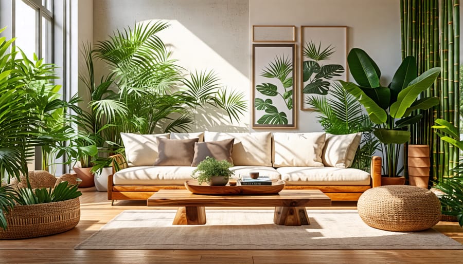 Eco-friendly living room with a reclaimed wood coffee table, organic fabric sofa, and bamboo accents in a modern, sustainable home setting.