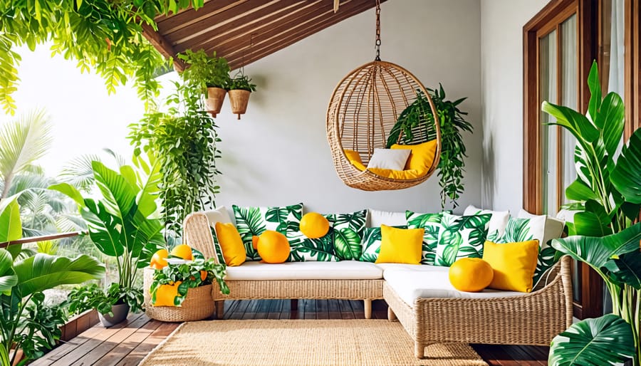 Inviting summer porch with vibrant tropical decor and cozy seating