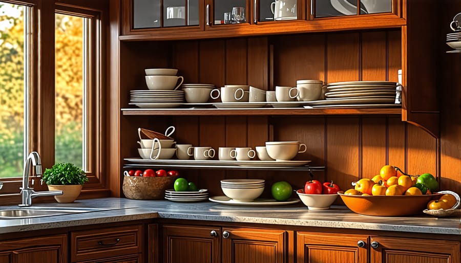 Double-tiered super susan organizer with dishes and bowls in a corner cabinet