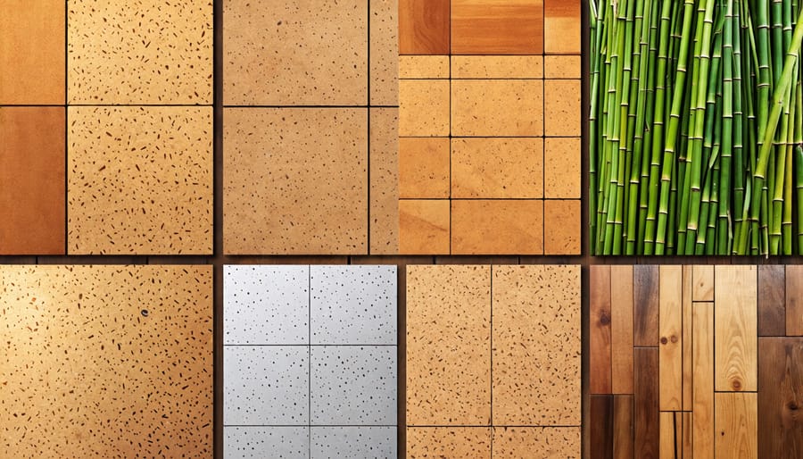 Eco-friendly building materials collage featuring bamboo, cork, and reclaimed wood