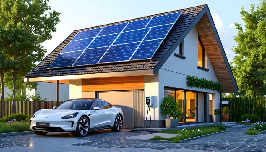 Sustainable home featuring solar energy, electric vehicle charging, and smart metering