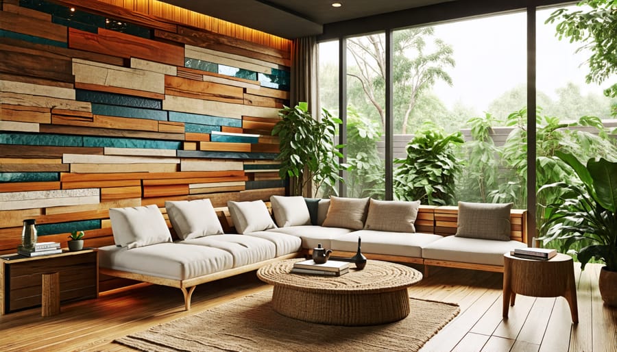 A stylish living room interior showcasing eco-friendly materials, including bamboo flooring, reclaimed wood, recycled glass tiles, and secondhand furniture with organic fabrics, all illuminated by natural light.