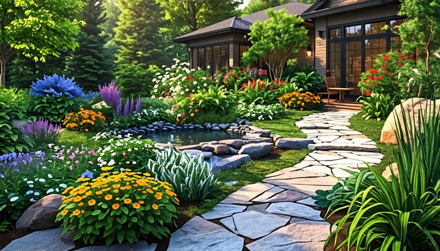 Sustainable residential landscape featuring native plant diversity, water-wise design, and eco-friendly hardscapes