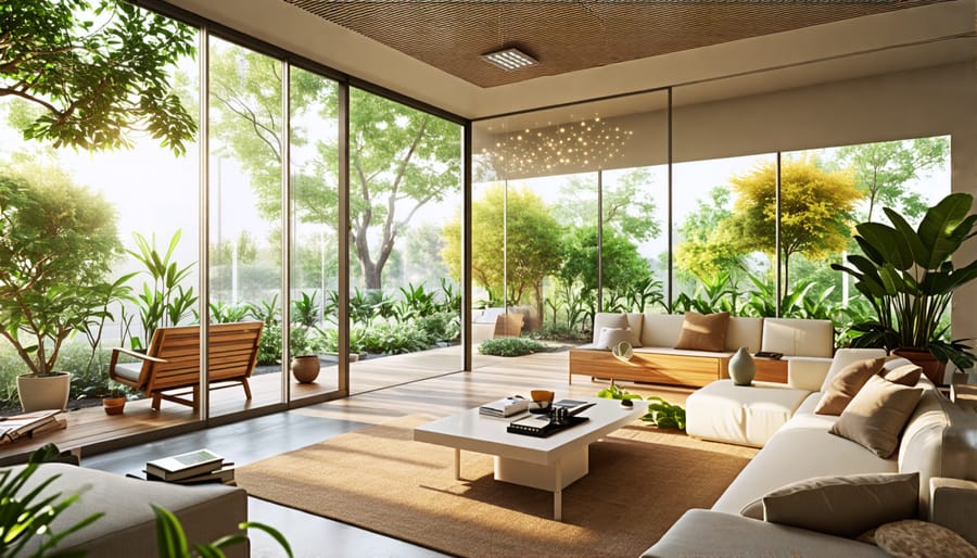 Bright and eco-friendly living room with smart LED fixtures, solar outdoor lights, and ample natural daylighting creating a sustainable atmosphere.