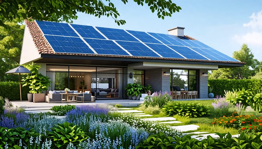 Exterior view of a sustainable home with solar panels and a garden emphasizing eco-friendly living