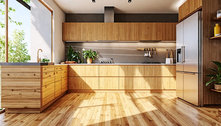 Modern kitchen with bamboo flooring and reclaimed wood cabinets highlighting sustainable design