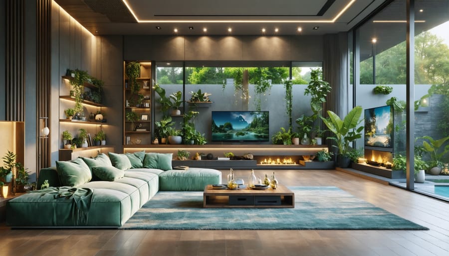 Modern living room showcasing energy-efficient lighting options, including smart LED bulbs and solar fixtures, with abundant natural sunlight streaming through large windows.