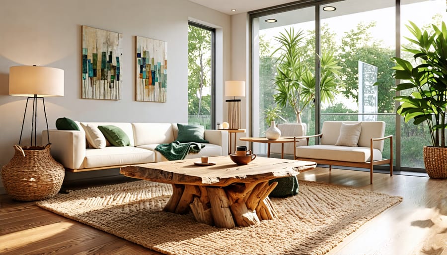 Peaceful living room showcasing bamboo flooring, a reclaimed wood coffee table, and recycled glass wall art, with a natural fiber jute rug accentuating the eco-friendly decor.