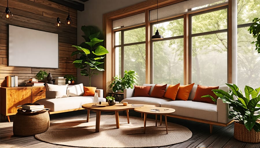 Eco-friendly living room with sustainable building materials and furnishings