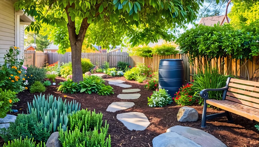 An eco-friendly yard featuring native plants, a rain barrel, a drip irrigation system, and permeable pathways surrounded by organic mulch.