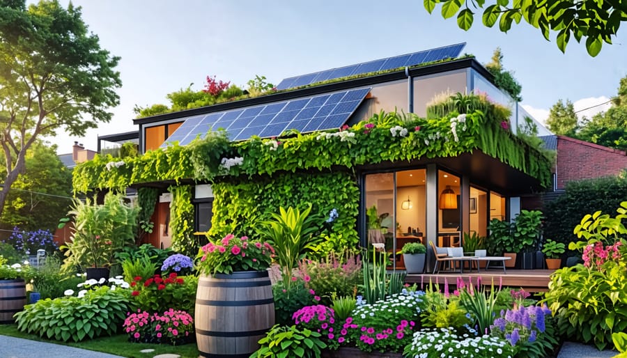 An urban house showcasing a green roof and a vertical living wall, equipped with solar panels and surrounded by a balcony garden. The scene highlights elements of urban sustainability including rainwater barrels and lush green spaces.