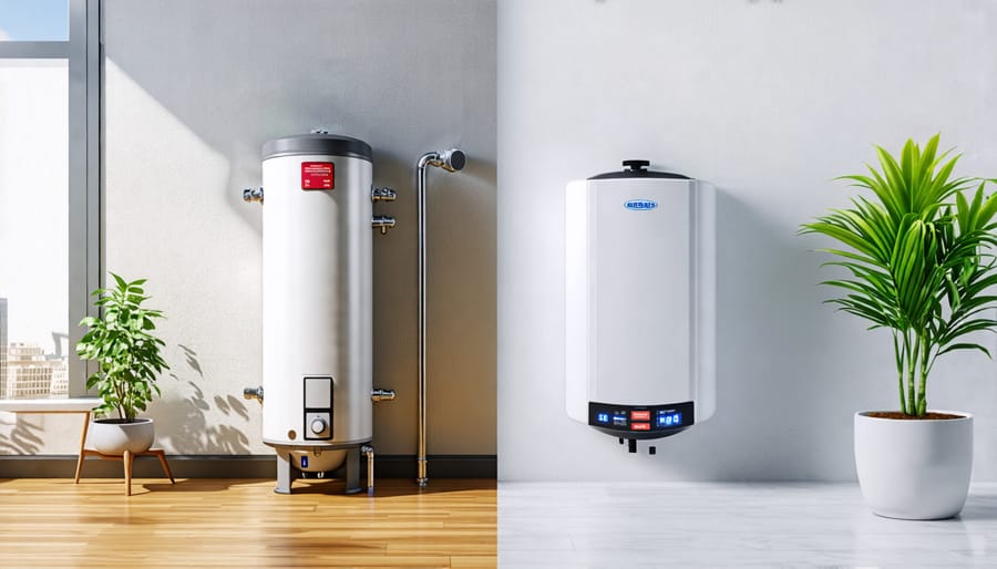 Side-by-side illustration of a tank water heater and a tankless water heater, comparing their size, design, and efficiency features.