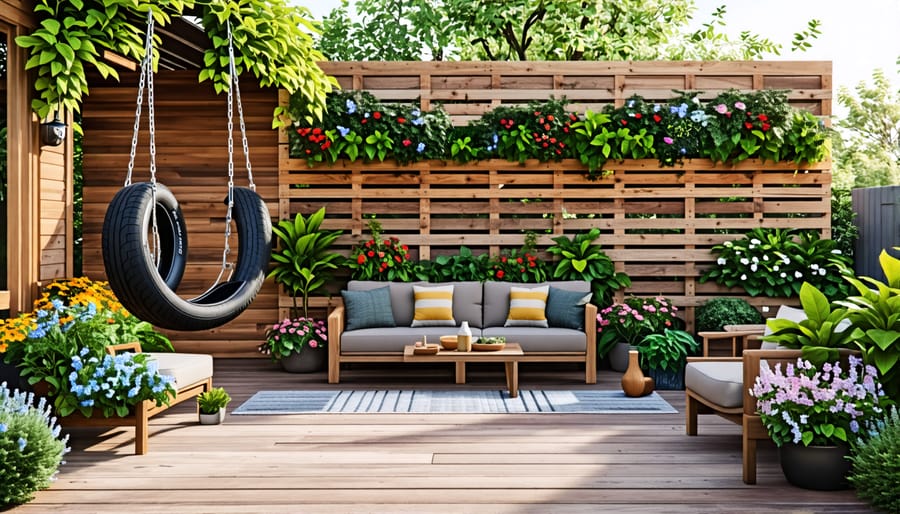 Upcycled outdoor decor ideas: pallet wood vertical garden and tire swing planter