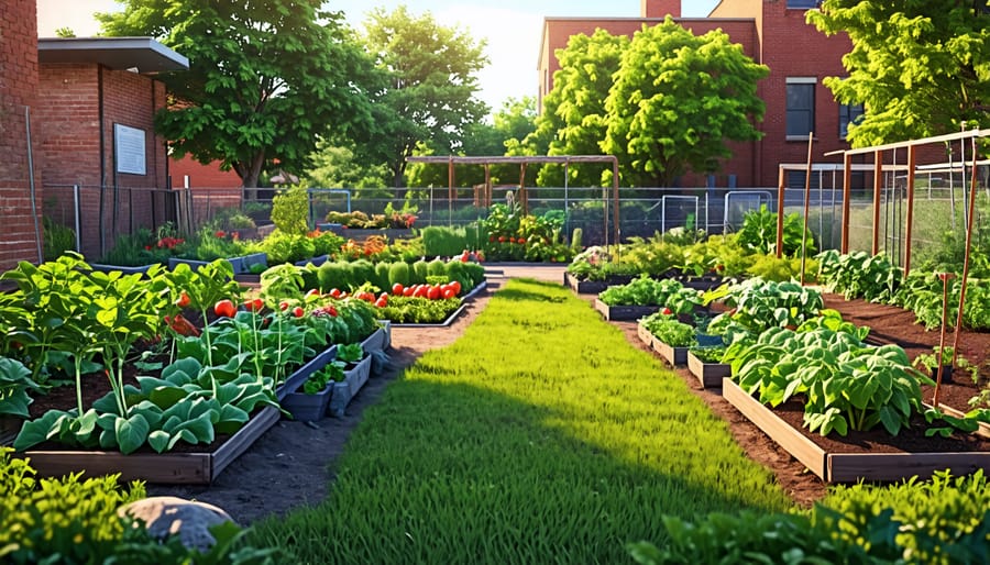 A vibrant community garden in a city setting with various plants and people gardening