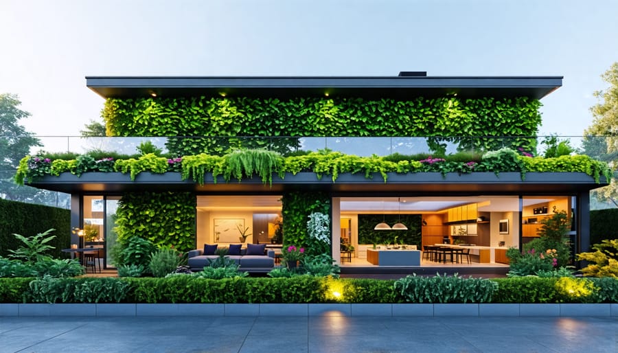 An urban house featuring a lush green roof and a living wall covered with various plants