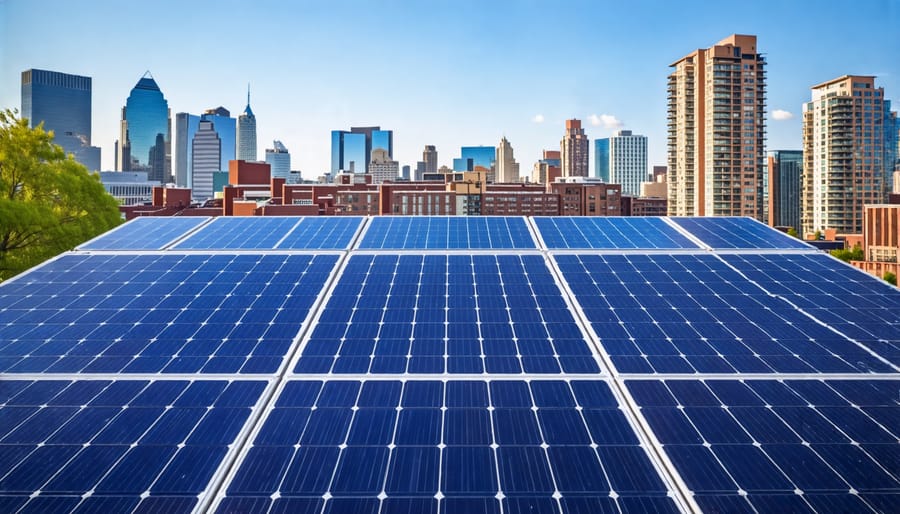 A row of solar panels installed on the rooftop of an urban home with a city skyline in the background