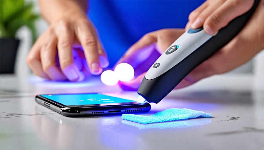 Demonstration of using a UV-C sanitizing device on a mobile phone