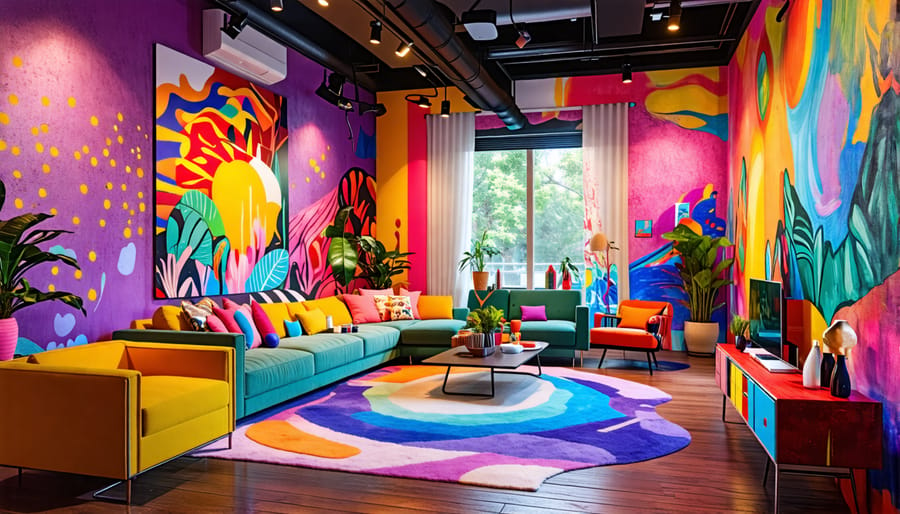 A visually stunning room makeover in progress, combining bold colors, striking wall art, and creative decor elements reflective of ZHC's artistic style.