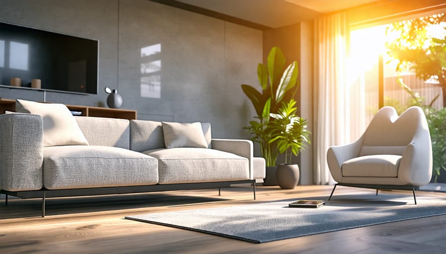 Modern living room equipped with voice-activated smart home devices