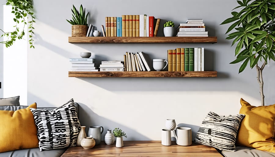 Wall shelves used for storage and decoration in a compact living space