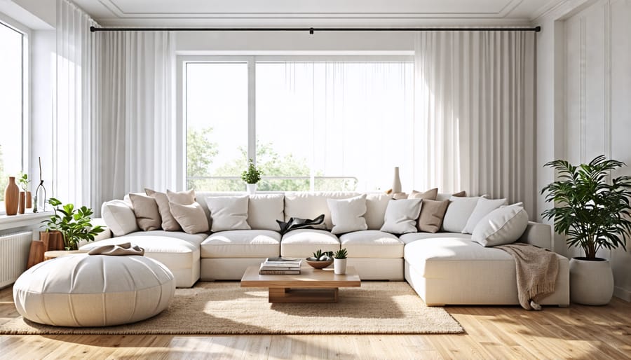 Inviting north-facing living room with warm white walls and cozy decor