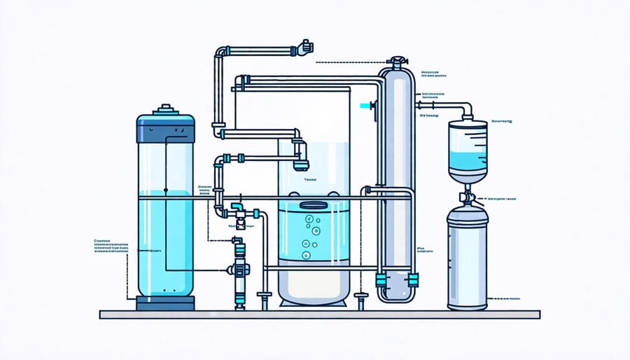 Illustration of a water softener's internal components and functioning